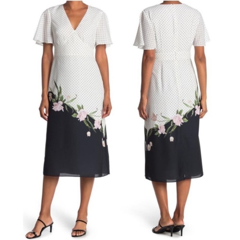 NWT TED BAKER White Danes  Elderflower Midi Dress, Size 8/10, Medium